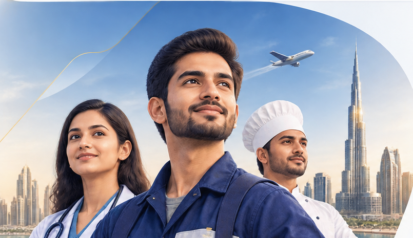 Three professionals representing global career opportunities, with an overseas skyline and airplane in the background
